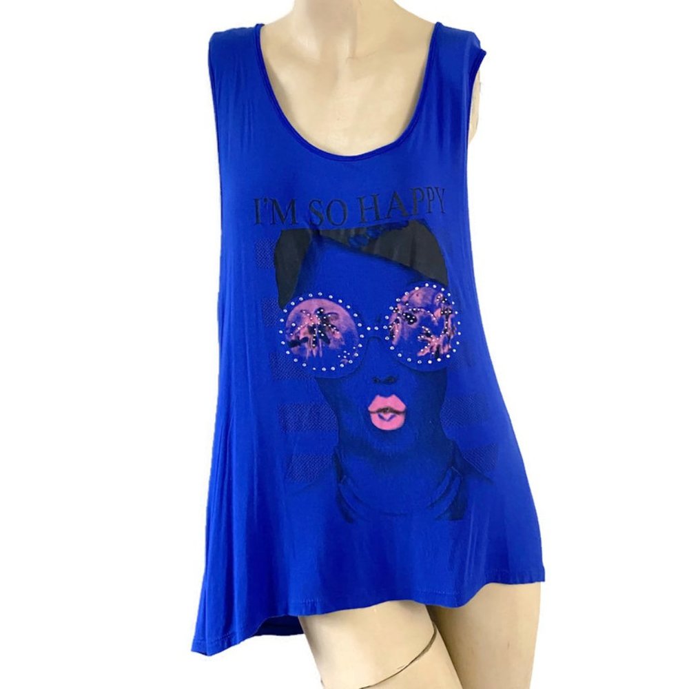 Love Nation Women's Blue I M SO HAPPY Beaded Tank Top Size 3XL
